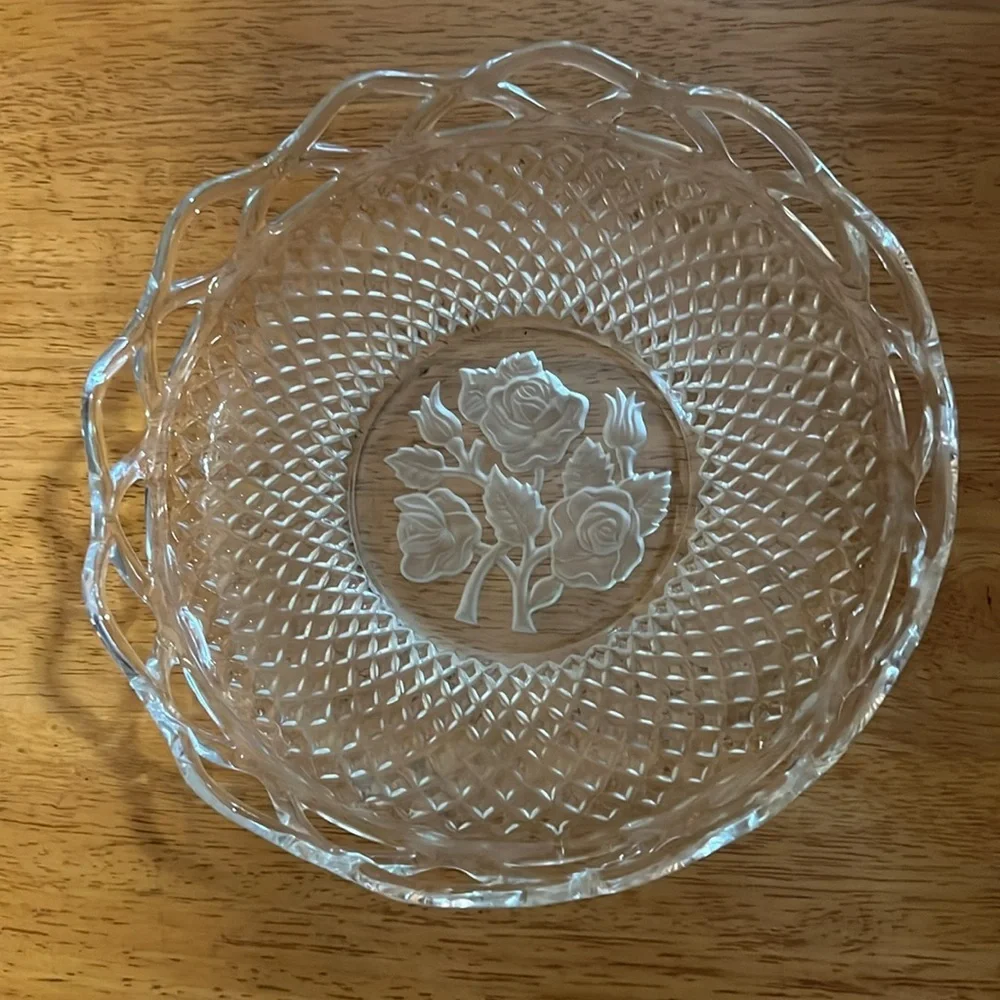 Vintage IMPERIAL GLASS Laced Rim Frosted Intaglio Rose Pressed Diamond Pattern